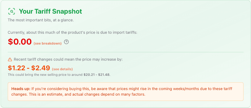 Screenshot of tariff snapshot summary